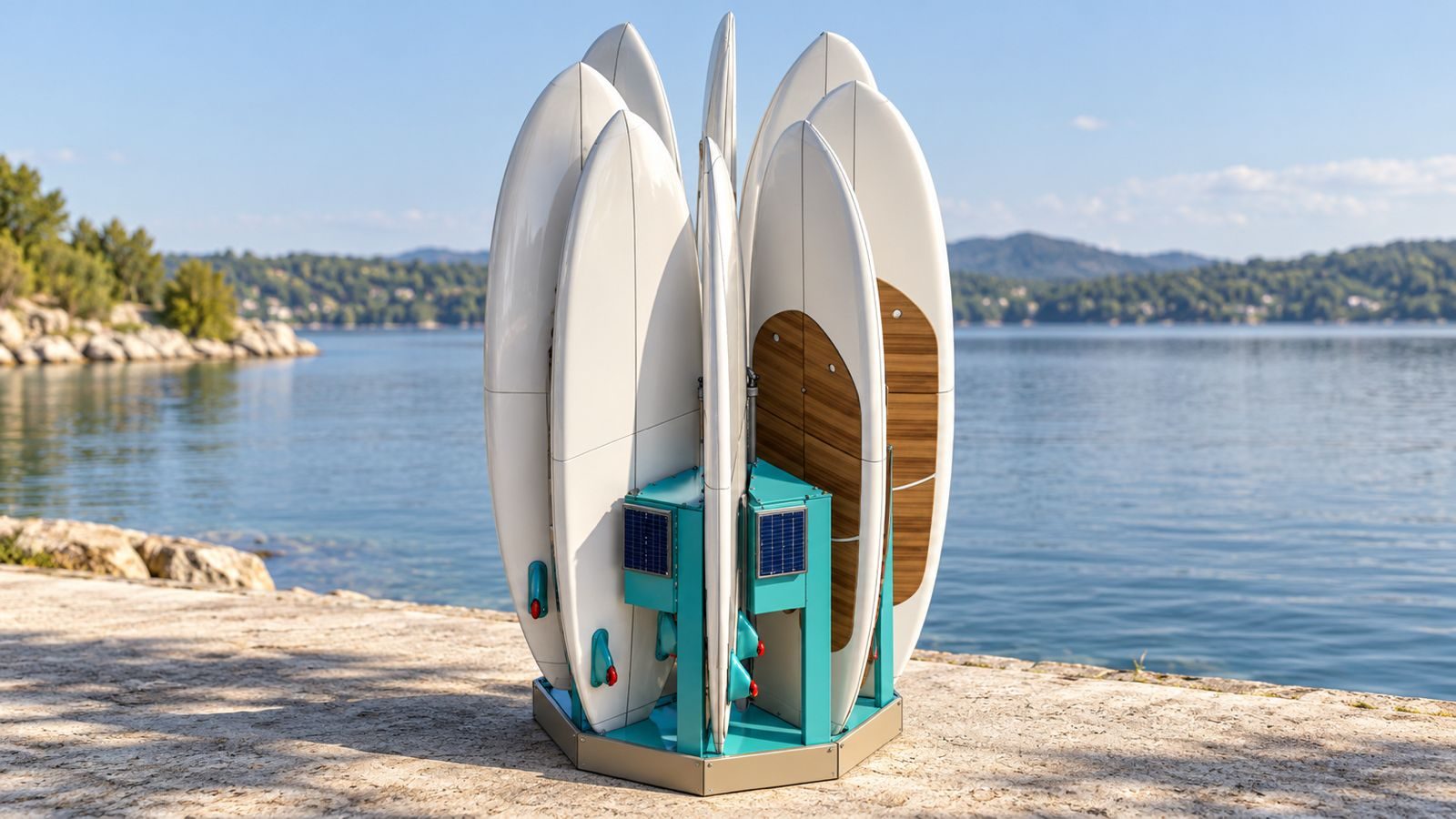 Station Wave-Up de location de stand up paddle en libre-service, huit planches et petits panneaux solaires, au bord de l’eau