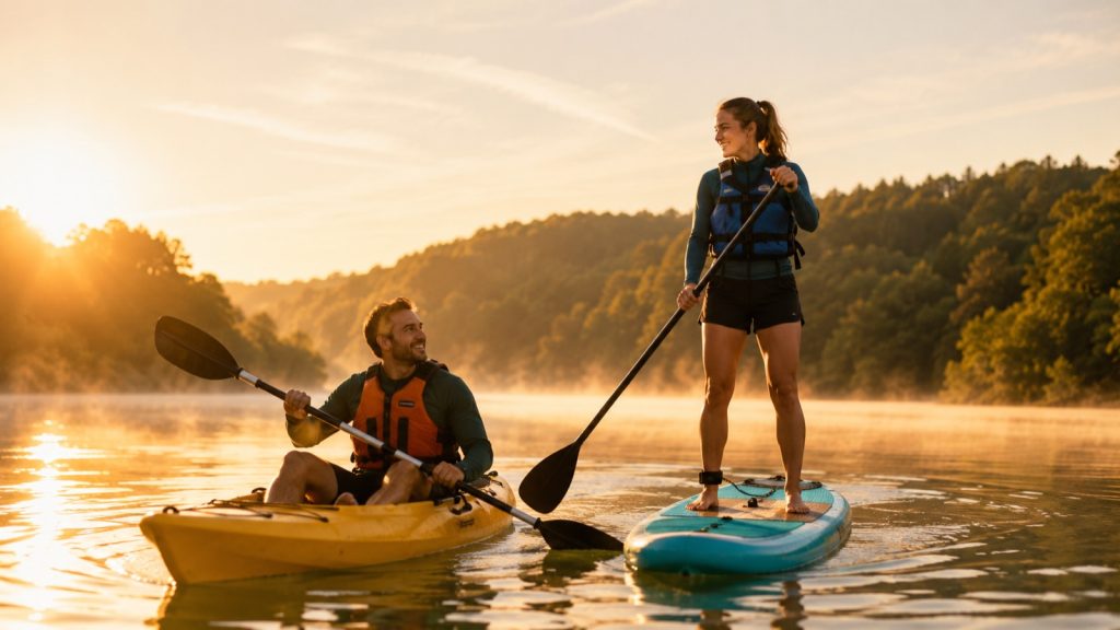 Kayak et stand up paddle côte à côte sur un lac au lever du soleil