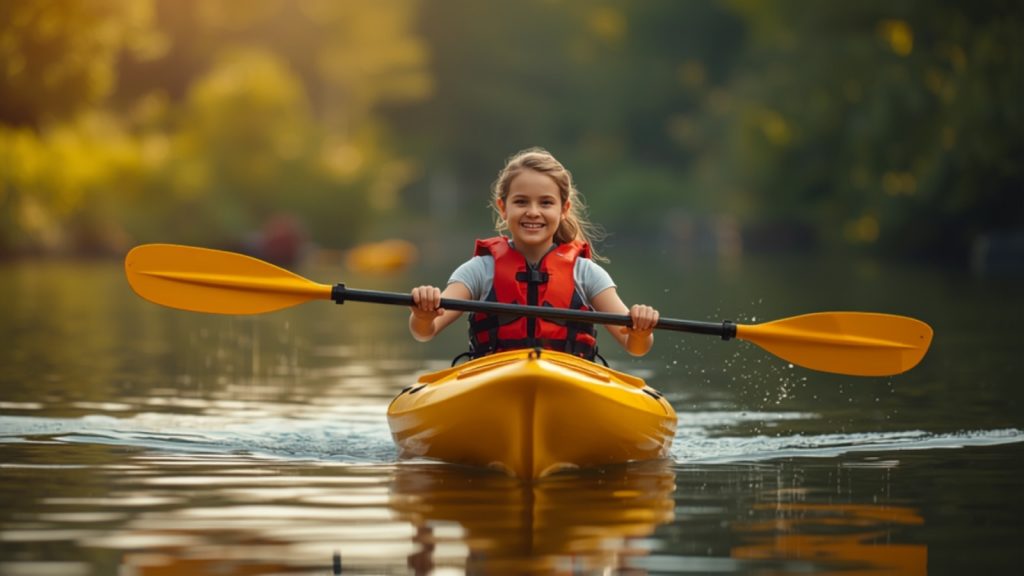 Débutant en gilet de sauvetage pagayant sur un kayak sit-on-top jaune au lever du soleil sur un lac calme.