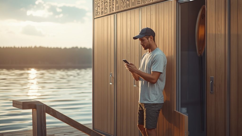 Un vacancier scanne le QR code d'une station de location autonome de paddle au bord d'un lac au petit matin.
