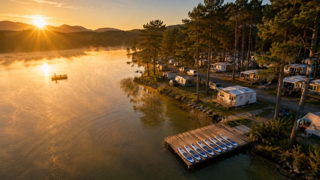 Vue aérienne d'un camping au bord d'un lac au coucher du soleil, avec des mobil-homes sous les pins et un ponton