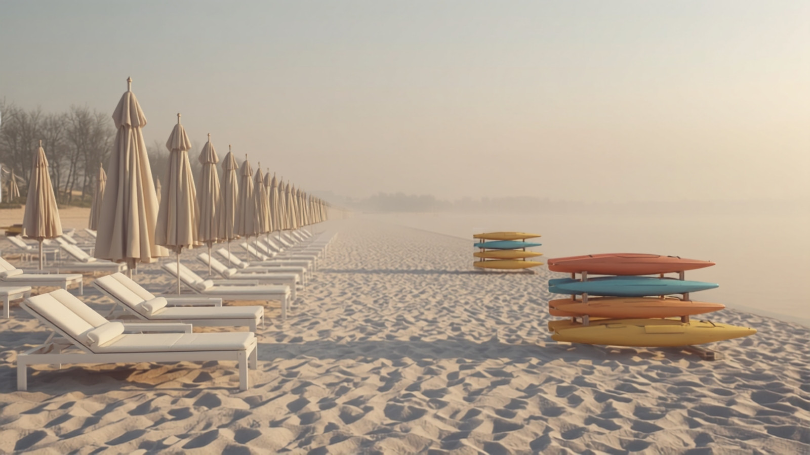 Plage de sable dans la brume du matin, avec des parasols fermés, des transats alignés et des planches de paddle empilées