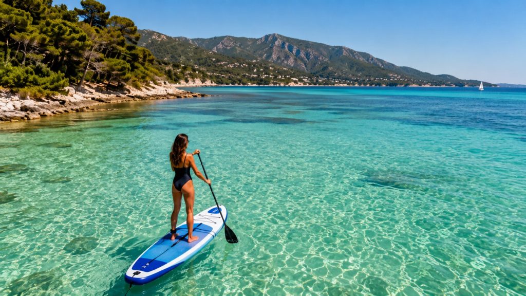 Une personne debout sur une planche de stand up paddle, sur une mer turquoise, devant des collines boisées