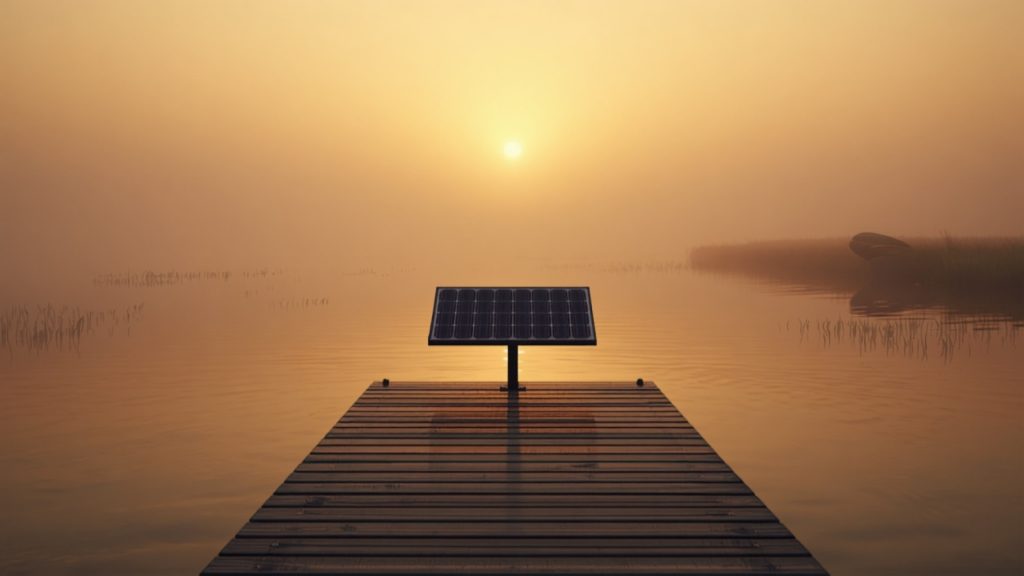 Ponton en bois au lever du soleil au bord d'une étendue d'eau calme, avec un panneau solaire au bout du ponton