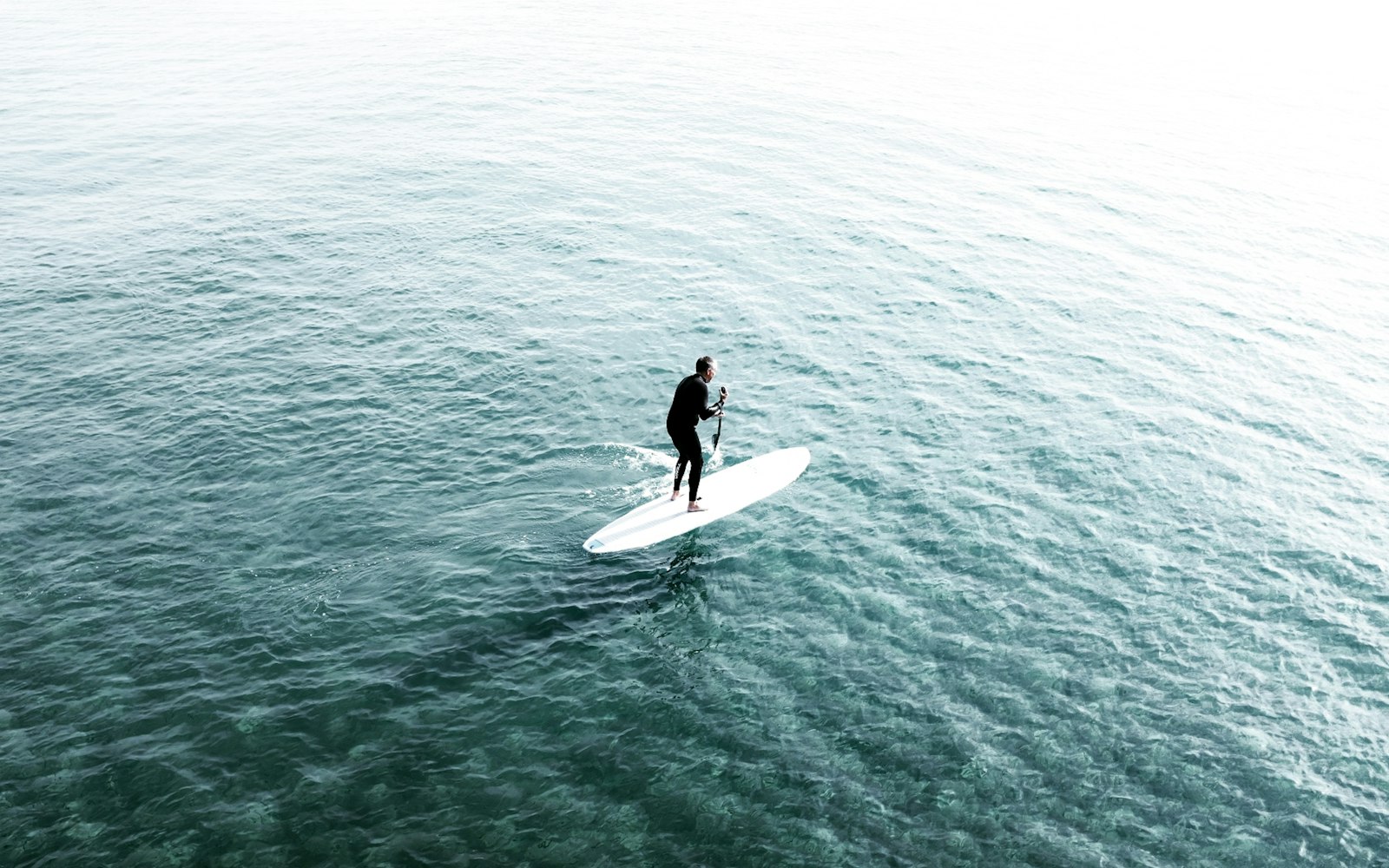 Vue aérienne d'une personne en stand up paddle sur une eau calme