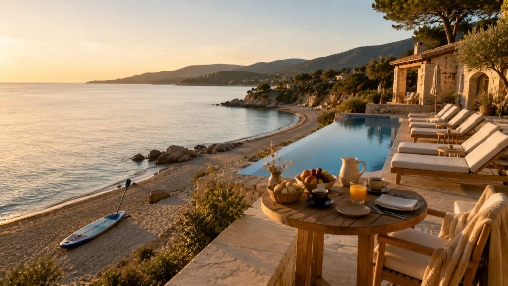 Terrasse d'hôtel avec piscine à débordement face à la mer au coucher du soleil
