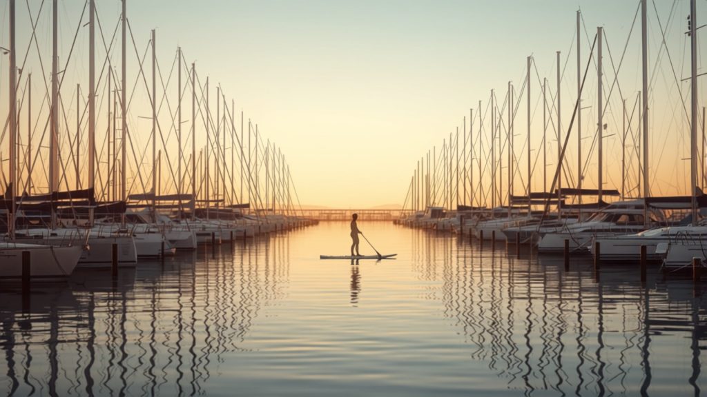Port de plaisance au lever du soleil, voiliers à quai et une personne debout sur un paddle au milieu du bassin