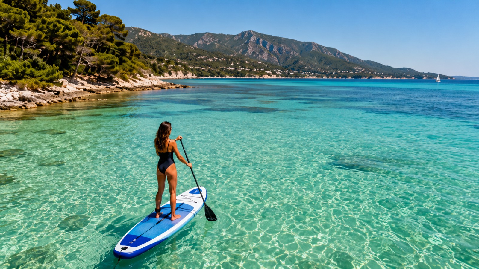 Une personne debout sur une planche de stand up paddle, sur une mer turquoise, devant des collines boisées