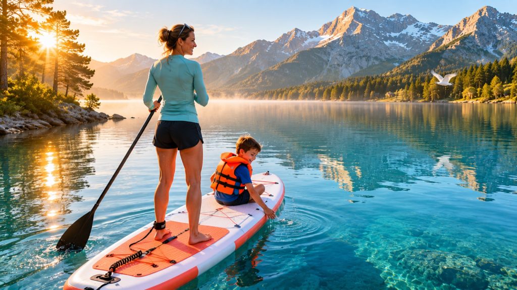 Une femme et un enfant sur un paddle sur un lac turquoise, montagnes au loin