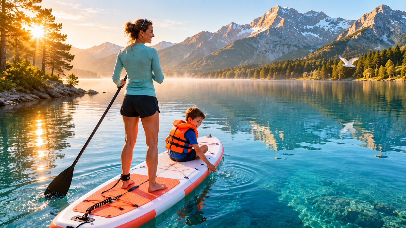 Une femme et un enfant sur un paddle sur un lac turquoise, montagnes au loin