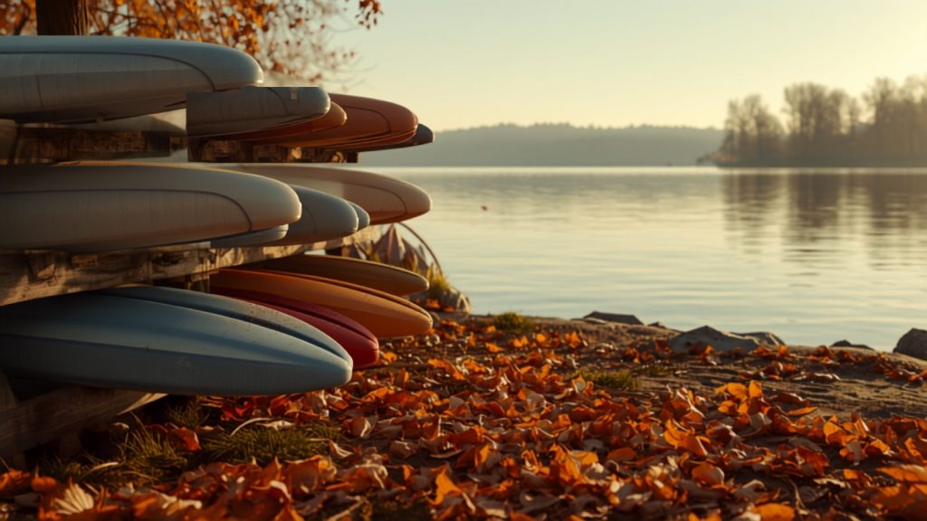 Planches de stand up paddle empilées au bord d'un lac en automne, feuilles mortes au sol