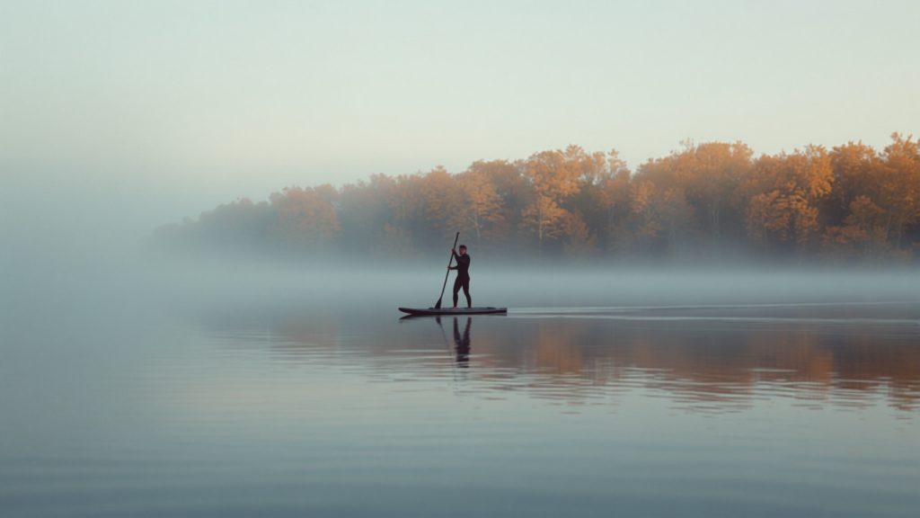 Une personne sur un paddle glisse dans la brume sur un plan d'eau calme, bordé d'arbres aux couleurs d'automne