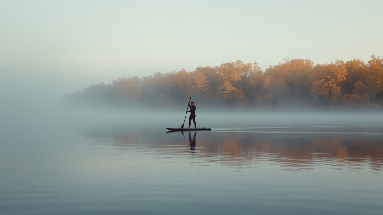 Une personne sur un paddle glisse dans la brume sur un plan d'eau calme, bordé d'arbres aux couleurs d'automne