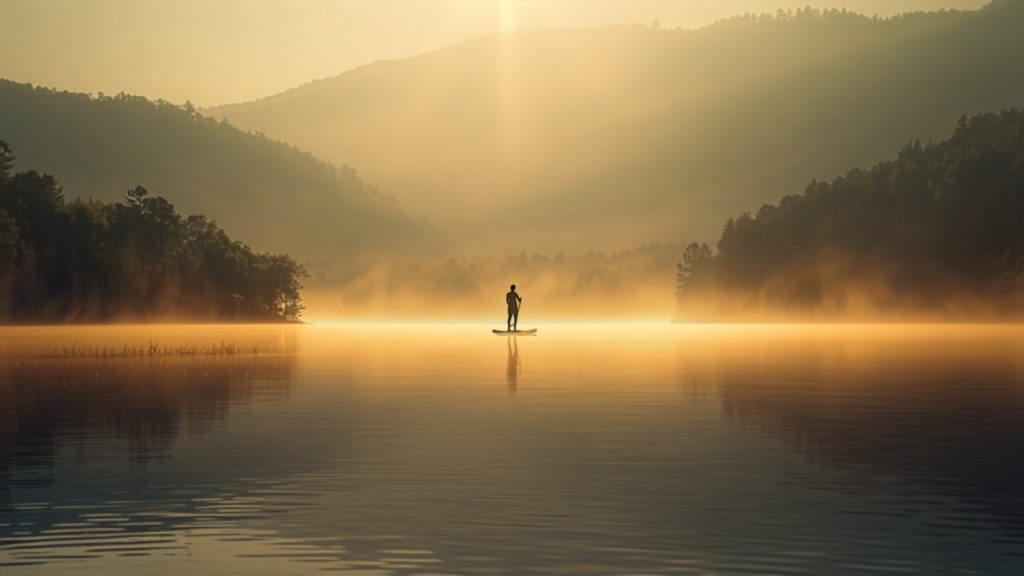 Une personne debout sur un paddle glisse sur un plan d'eau calme au lever du soleil, dans la brume, entourée de collines boisées