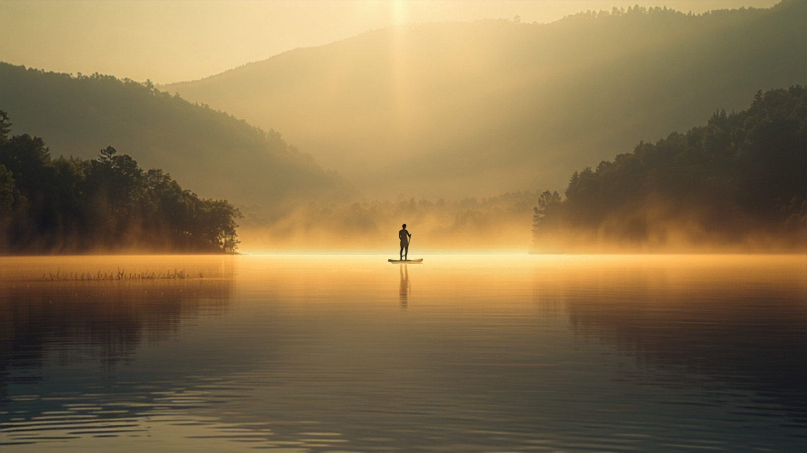 Un lac calme entouré de collines boisées au petit matin, la brume posée sur l'eau