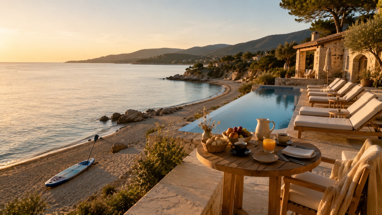 Terrasse d'un hôtel avec piscine à débordement face à la mer, au coucher du soleil