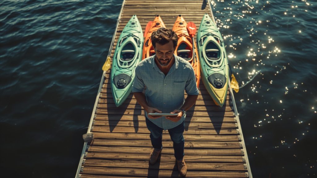 Un homme consulte une tablette sur un ponton où sont posés des kayaks colorés