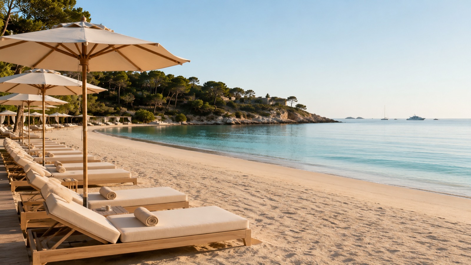 Une plage privée aménagée avec des transats et des parasols alignés au bord d'une eau turquoise